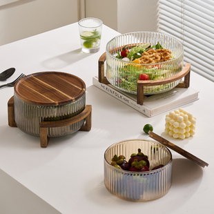 高颜值玻璃竖纹果碗竹木架大容量沙拉水果收纳餐厅野餐展示盘拍照