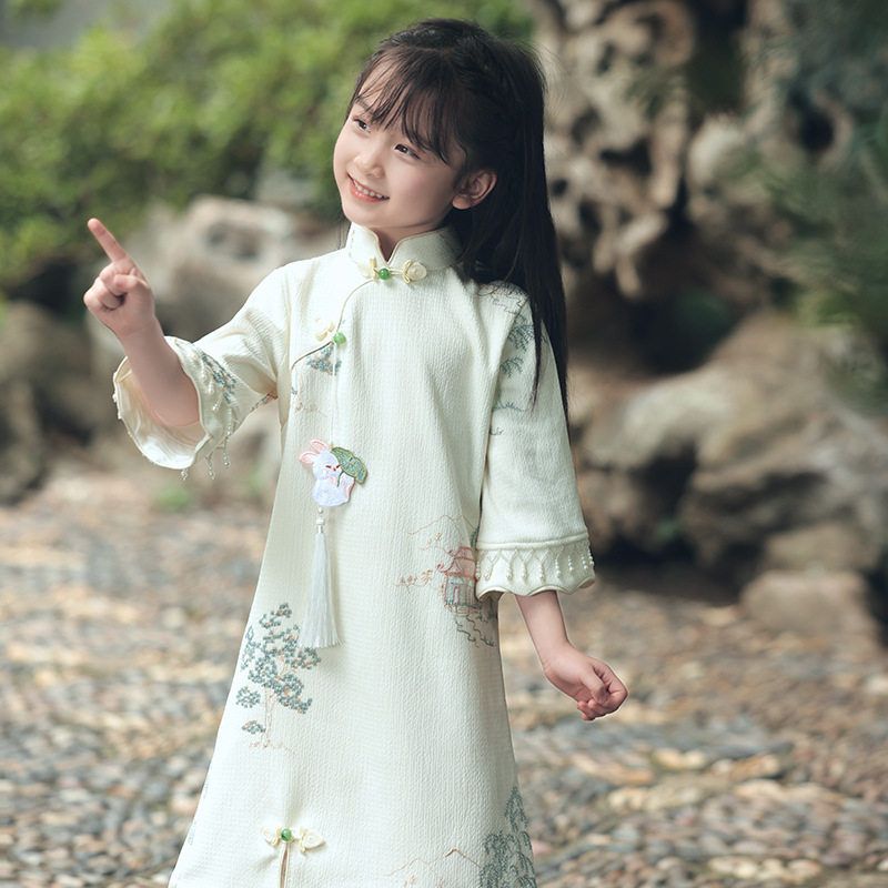 女童改良旗袍连衣裙儿童国风公主裙碎花微喇叭袖复古洋气旗袍裙子