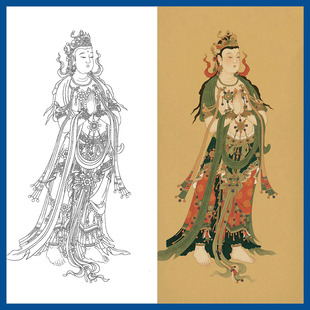 法海寺辩才天白描打印稿观音菩萨底稿工笔人物线稿壁画实物打印稿