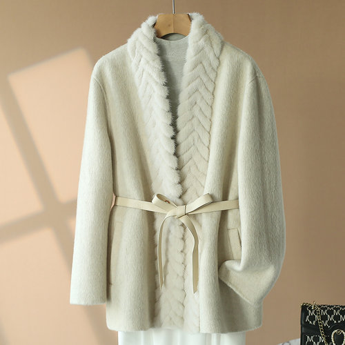 汀姿曼LP门禁拼接进口水貂秋冬高端气质女士中长款双面呢羊毛大衣