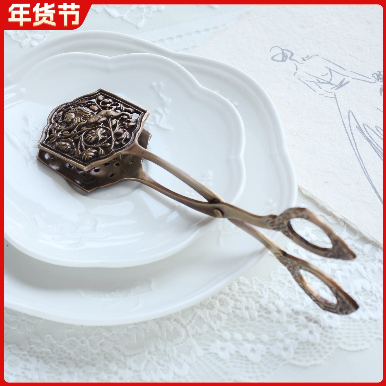 印度进口黄铜食品夹蛋糕甜品冰块夹子手工浮雕复古中古样板间装饰,家居饰品,桌面摆件,淘宝优惠券,粉丝福利购,淘宝优惠卷