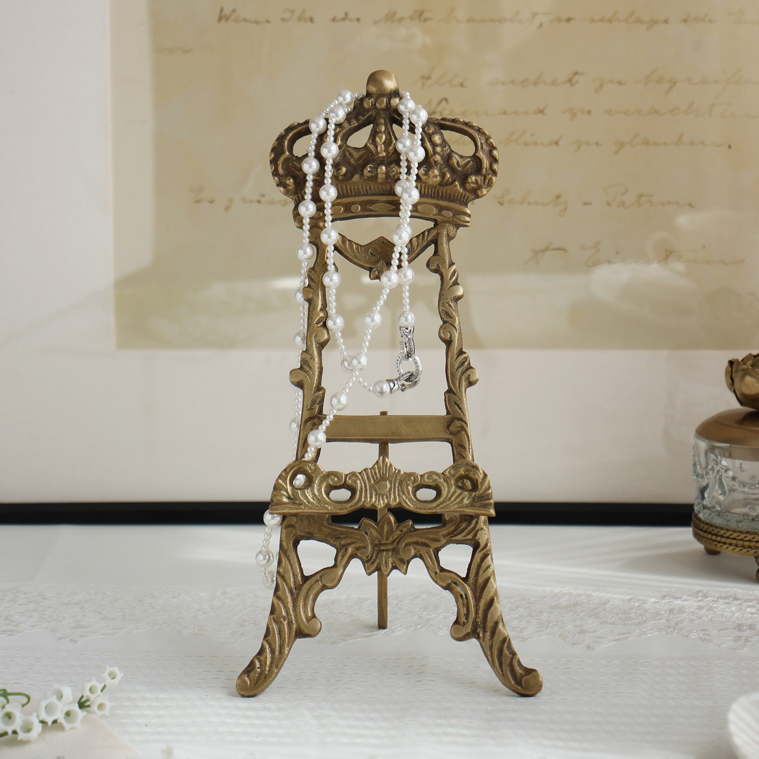 印度进口纯黄铜盘子展示托架底座茶饼相框画架复中古法式雕花支架