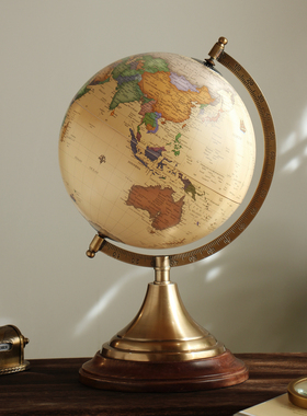印度进口黄铜实木地球仪摆件复古手工书房装饰家用书柜样板间饰品