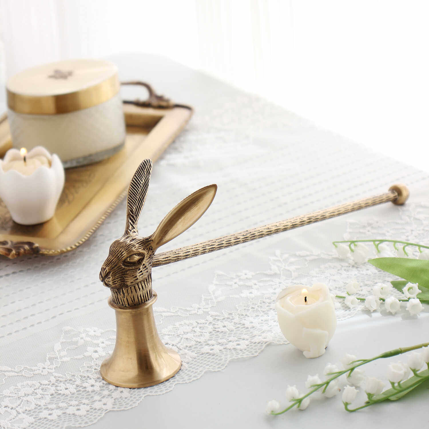 印度进口黄铜灭烛罩兔子装饰复古中古vintage香薰蜡烛灭烛铃工具