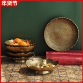 进口纯黄铜果盘复古花纹零食糖果钥匙小盘轻奢浮雕纹中式 装 饰家用