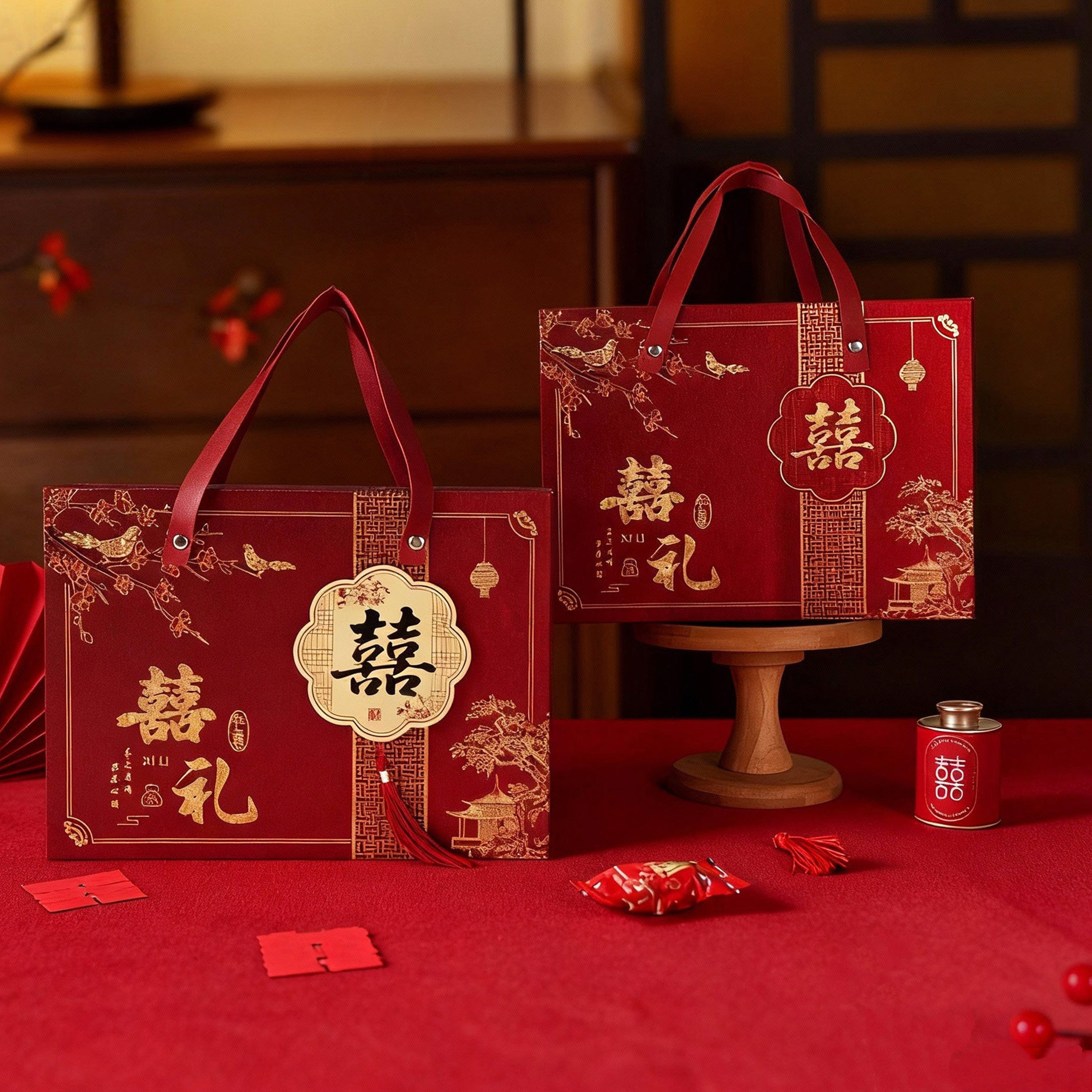新款中式喜字糖盒结婚专用手提礼盒红色婚礼送人回礼伴手礼