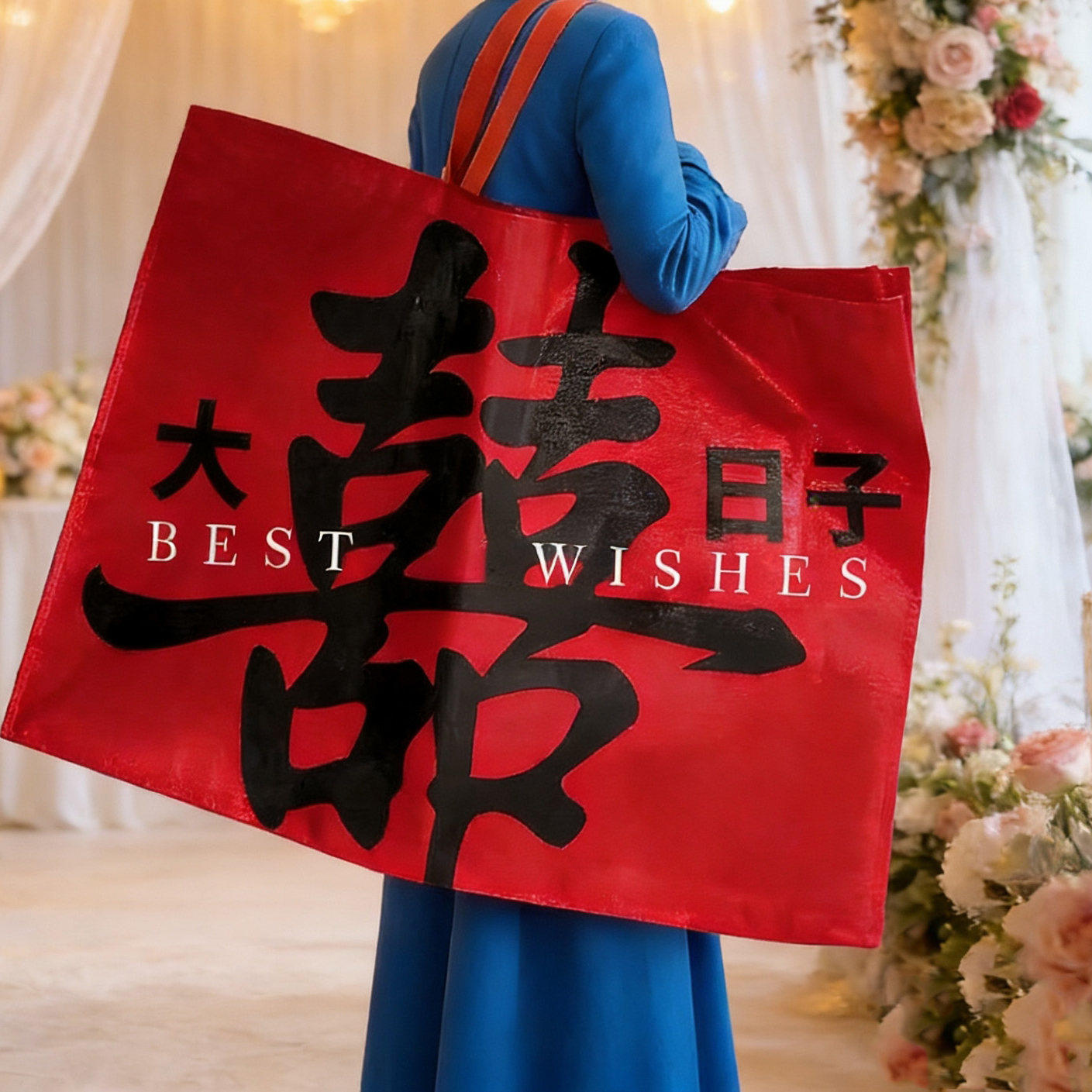 结婚喜字礼袋大喜日子编织袋登记照道具婚礼用品手提编织袋大容量