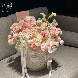 七夕超大篮子田园风编织篮鲜花花束插花篮花艺抱抱桶花店diy手工