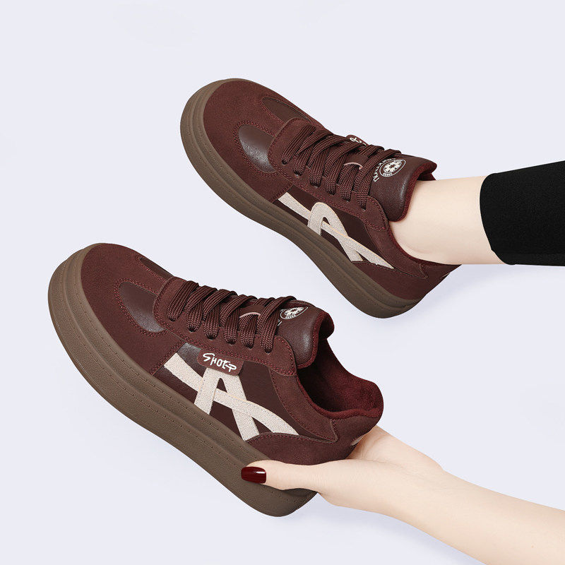 红色复古高帮鞋女2025秋冬新款厚底板鞋真皮运动休闲德训加绒棉鞋,女鞋,棉鞋,淘宝优惠券,粉丝福利购,淘宝优惠卷