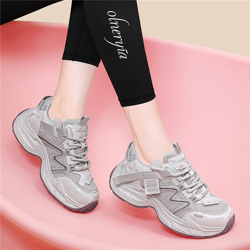 厚底真皮老爹鞋女2026春季新款百搭圆头低帮甜美风网面休闲运动鞋