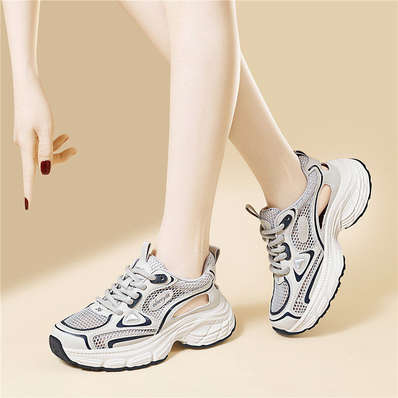 小白鞋老爹鞋女2025年新款夏季软底百搭真皮网面透气皮鞋平跟单鞋