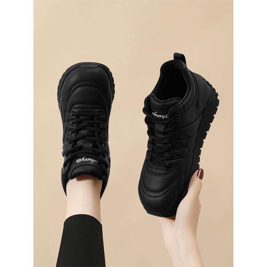 黑色休闲运动鞋女款2025新款秋冬加绒加厚软底轻便防滑跑步旅游鞋