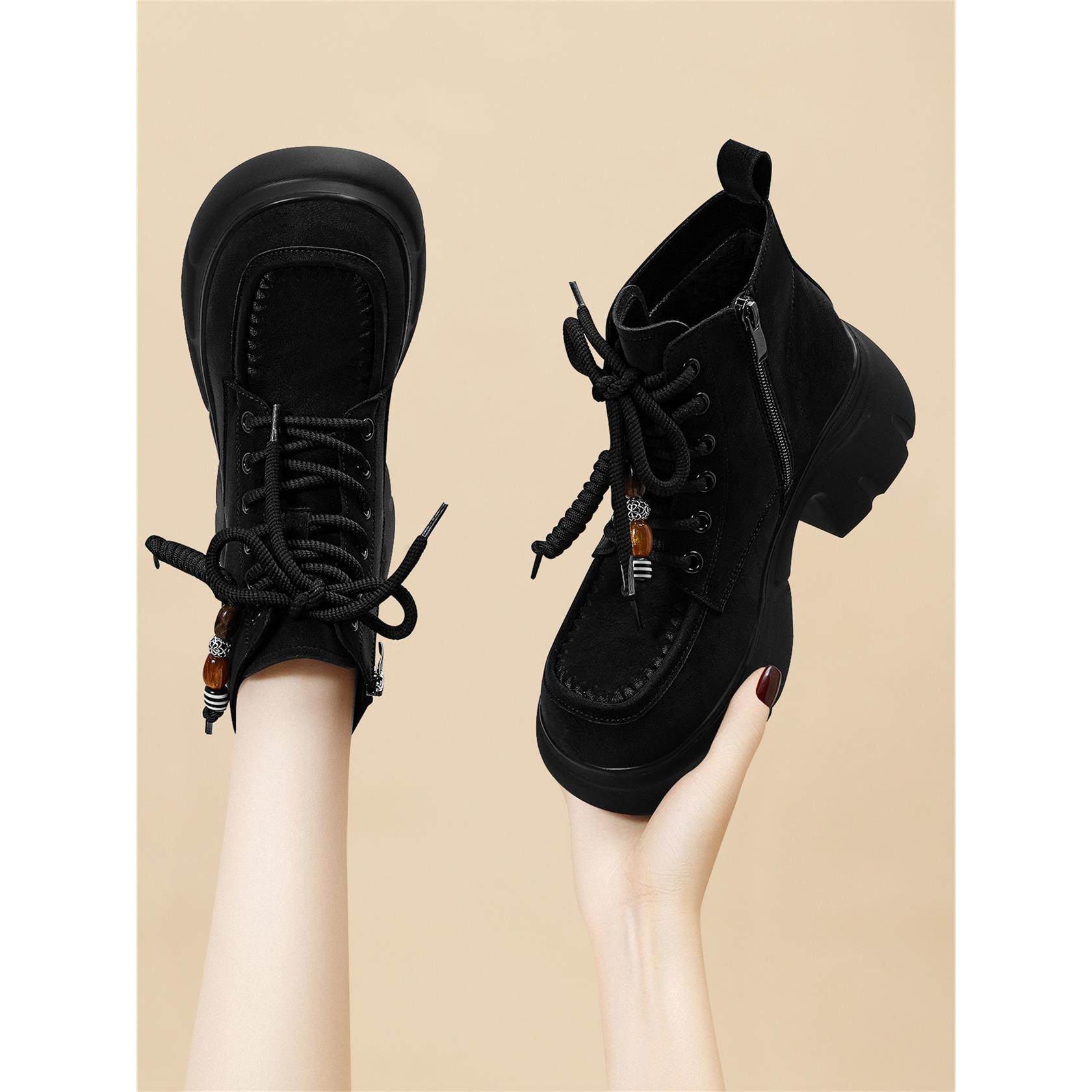 2025新款欧货爆款翻毛皮马丁靴女款秋冬加绒真皮厚底增高短靴女鞋,女鞋,马丁靴,淘宝优惠券,粉丝福利购,淘宝优惠卷