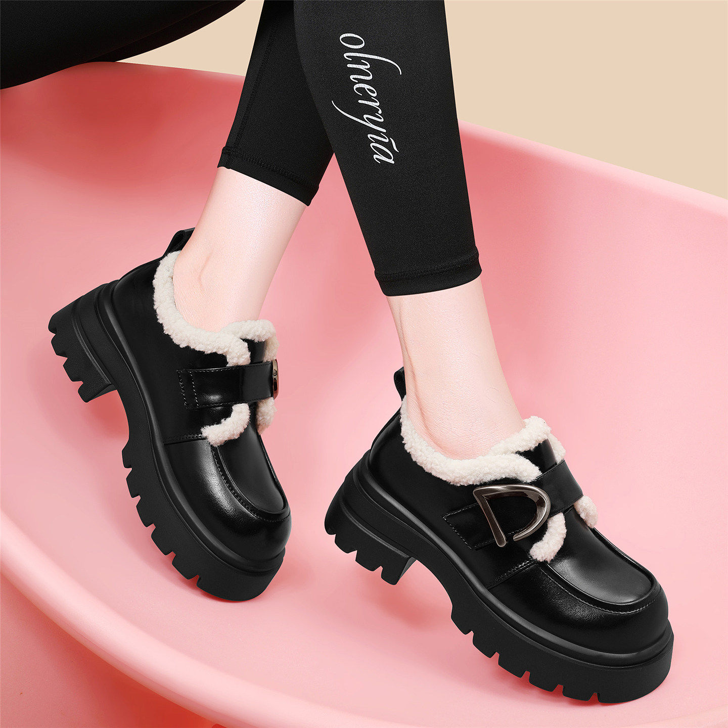 2025新款冬季加绒乐福鞋女英伦风厚底皮带扣毛毛鞋舒适保暖豆豆鞋,女鞋,乐福鞋（豆豆鞋）,淘宝优惠券,粉丝福利购,淘宝优惠卷