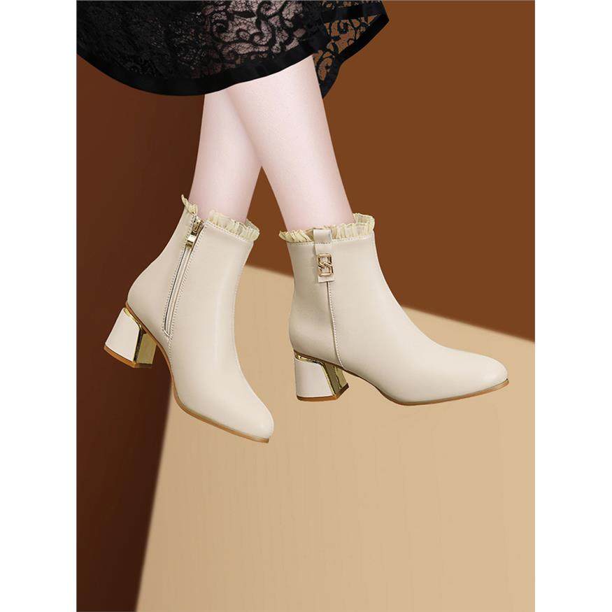 马丁靴女粗跟短靴真皮2025新款春秋冬季气质高跟黑色中跟妈妈皮鞋