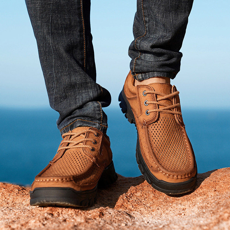 夏季新款德国骆驼动感冲孔镂空透气休闲皮鞋真皮头层牛皮大尺码男,流行男鞋,休闲皮鞋,淘宝优惠券,粉丝福利购,淘宝优惠卷