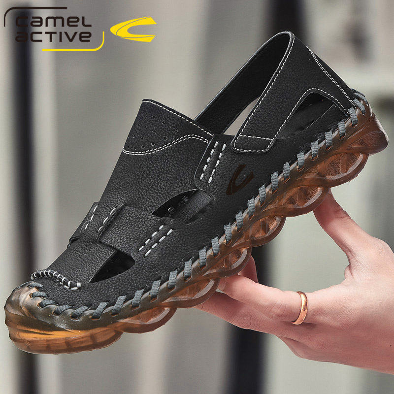 德国骆驼动感软底凉鞋男士户外休闲真皮洞洞鞋镂空凉皮鞋子包头