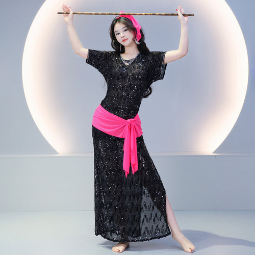 肚皮舞亮片袍子Saidi藤杖舞演出Baladi民俗长款开叉练功表演套装