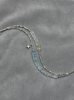 海盐和风  双层天然渐变海蓝宝摩根石碎银子手链女精致原创