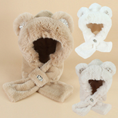 小熊蝴蝶结套头帽子女孩冬季 交叉围巾儿童保暖加绒可爱护耳两件套