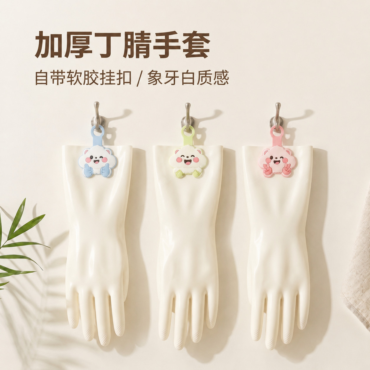 丁腈家务手套加厚耐用白色长款可悬挂厨房家用洗碗清洁防水洗衣女