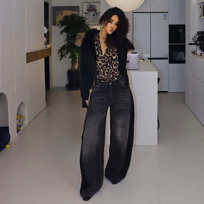 【高腰气球牛仔裤】欧美美式2025冬季新款潮流风宽松拼接撞色长裤