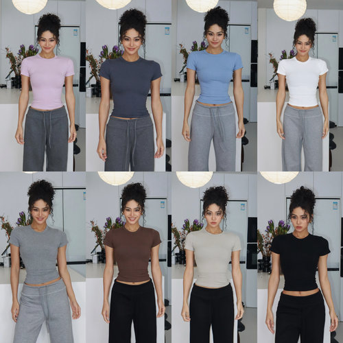 akiyo studio欧美短袖T恤女正肩修身显瘦短款上衣