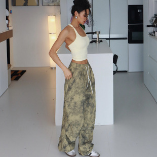 束脚长裤 伞兵运动休闲冰丝直筒阔腿裤 扎染夏季 美式