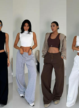 akiyo studio阔腿裤白色运动裤女长裤宽松高腰显瘦直筒休闲卫裤