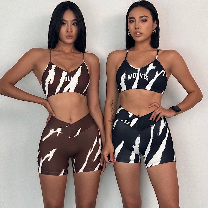 AKIYO STUDIO欧美DARCSPORT狼头斑马纹健身运动文胸短裤女高