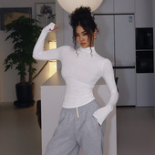 欧美纯色磨毛2025冬女装 加绒中领打底衣 半高领内搭短