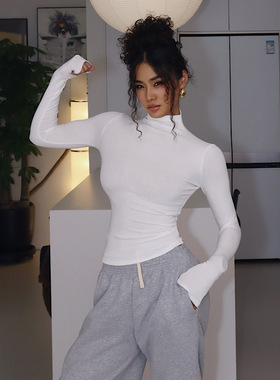 【加绒中领打底衣】欧美纯色磨毛2025冬女装半高领内搭短