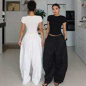 studio欧美复古高腰宽松弯刀裤 松紧腰阔腿裤 香蕉裤 akiyo 休闲裤