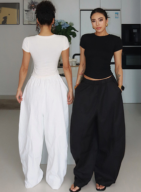 akiyo studio欧美复古高腰宽松弯刀裤松紧腰阔腿裤香蕉裤休闲裤