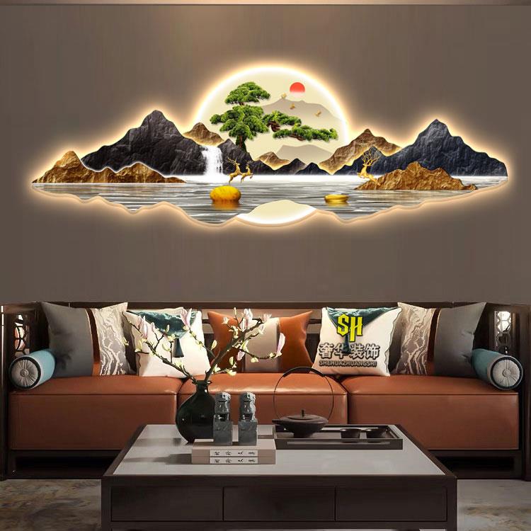 现代轻奢客厅装饰画带灯沙发背景墙挂画壁画中式高级感茶室山水画