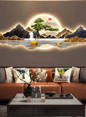 现代轻奢客厅装饰画带灯沙发背景墙挂画壁画中式高级感茶室山水画