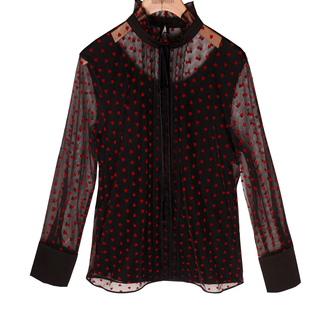 小衫 2020新款 上衣女秋冬花边领内搭酒红纱衣洋气波点网纱打底衫