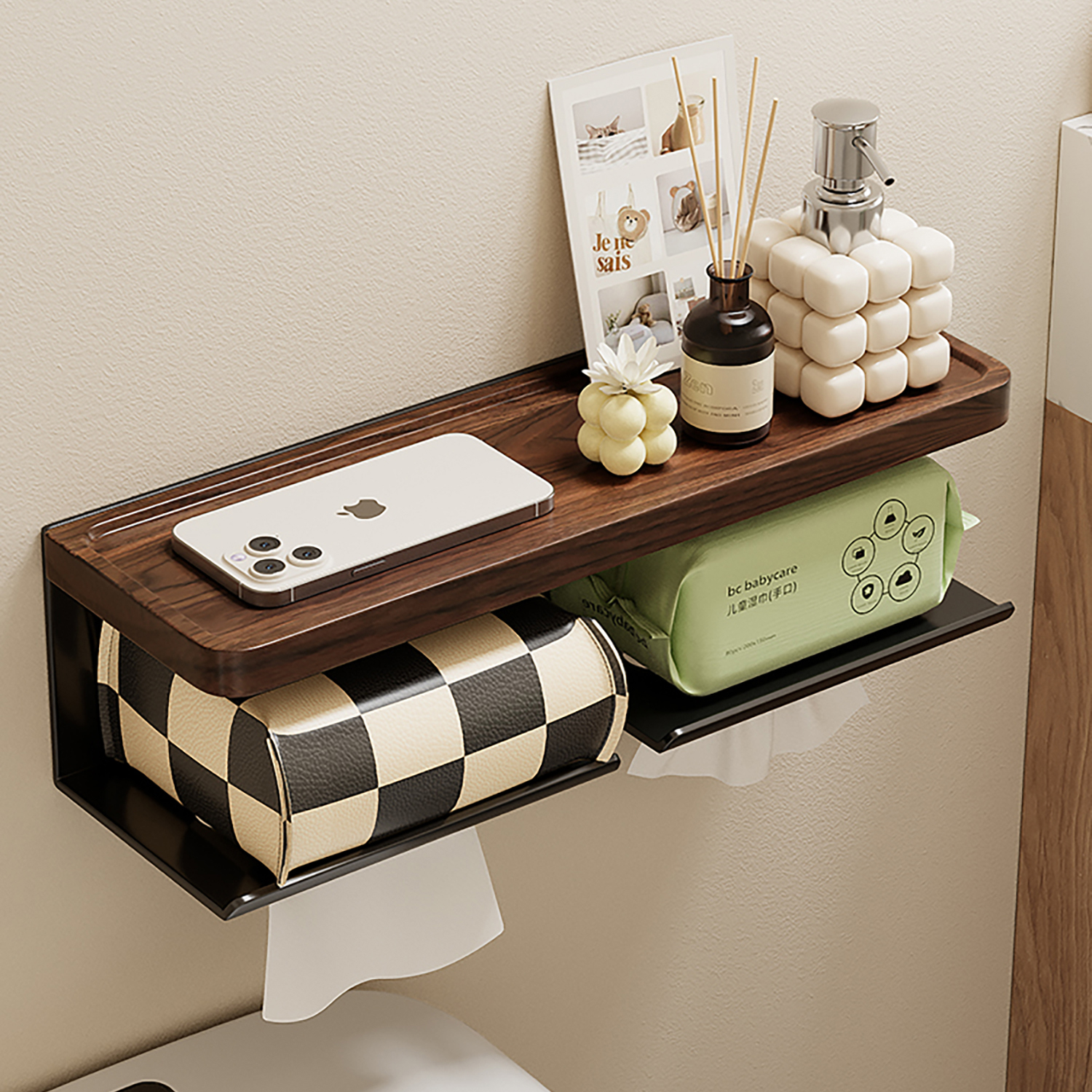 胡桃木卫生间免打孔纸巾架