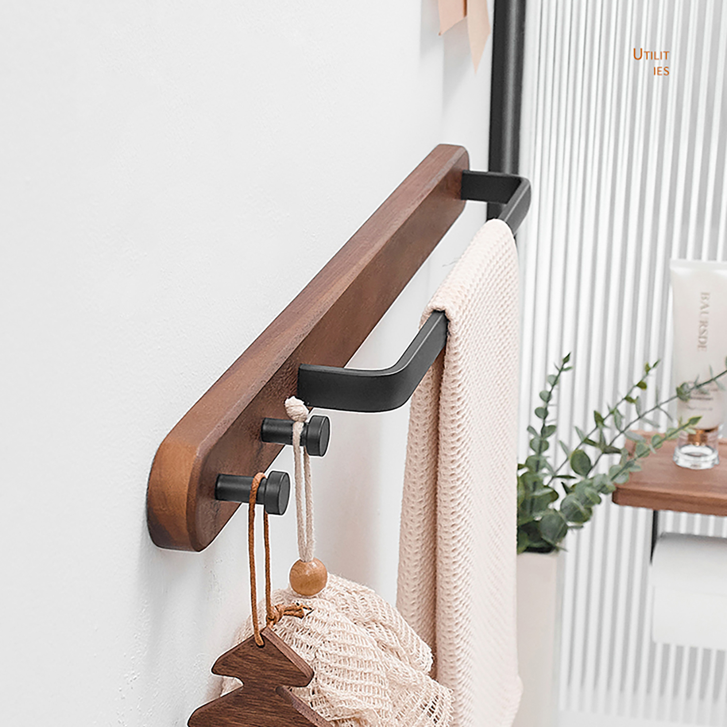 胡桃木毛巾杆单杆免打孔