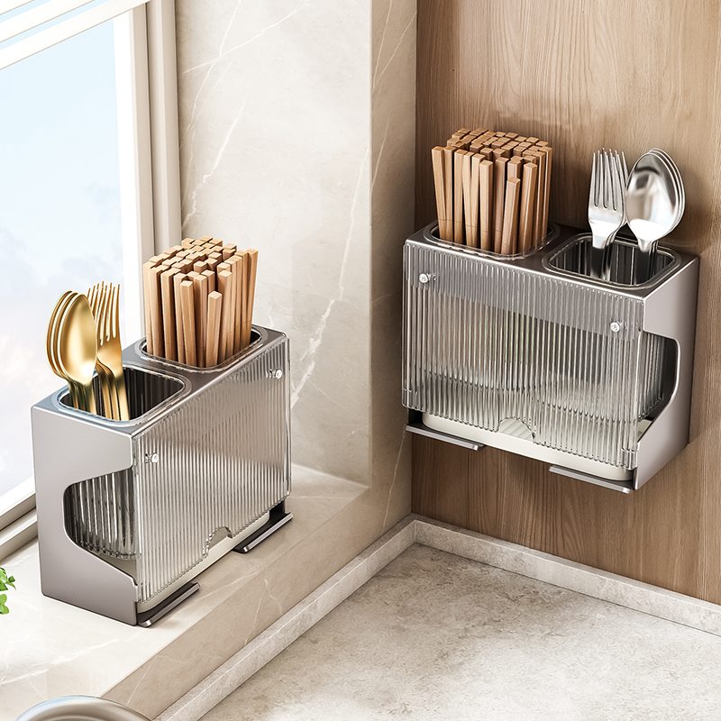 不锈钢筷子筒壁挂式筷笼篓勺子收纳盒沥水厨房家用大容量置物架子