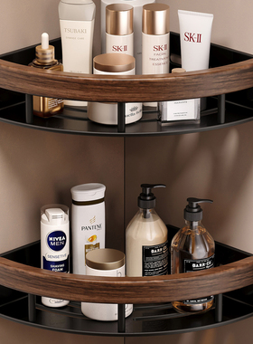 胡桃木浴室置物架免打孔卫生间转角收纳架厕所墙上壁挂三角架子