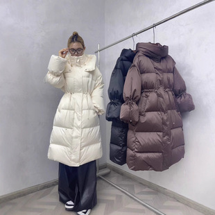 2025冬季新品醋酸缎面高端鹅绒服优雅连帽长款保暖羽绒服女式