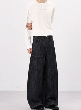 LKTM男装 美式复古风横竖竹节纹弯刀牛仔裤男女baggy设计感工装裤