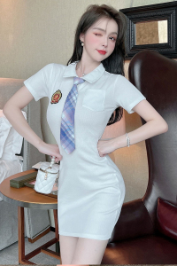 TR16677# polo连衣裙女夏少女气质时尚口袋系领带修身包臀学生t恤裙 服装批发女装直播货源