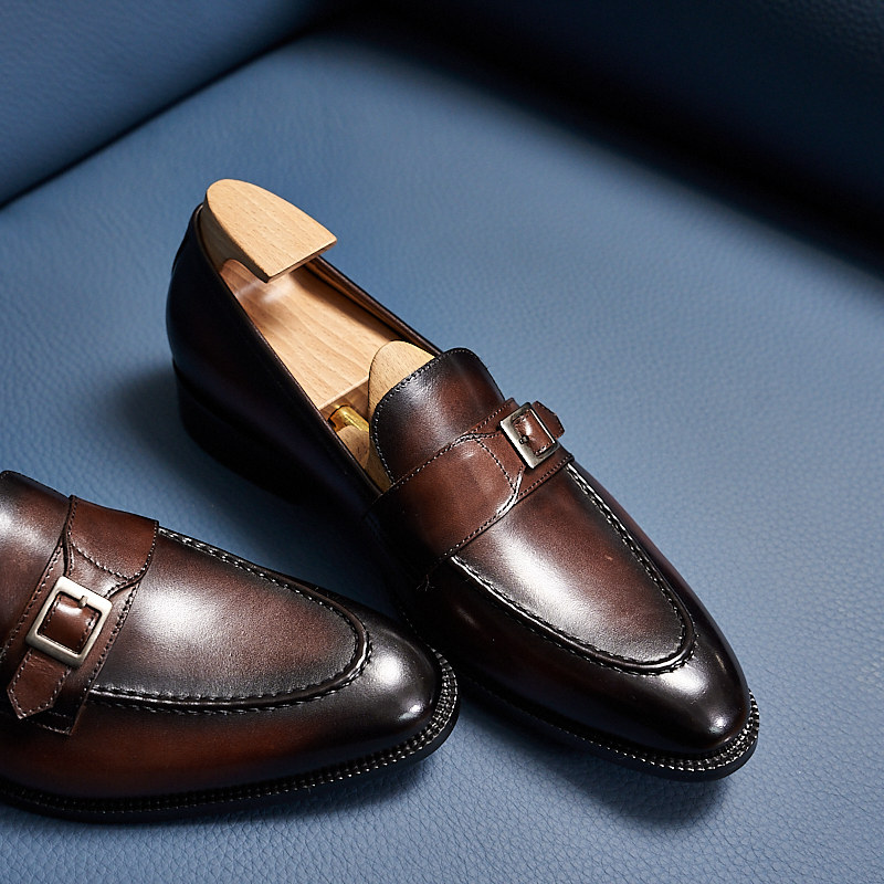 商务正装休闲棕色皮鞋男真皮孟克鞋搭扣固特异透气英伦欧版男鞋潮