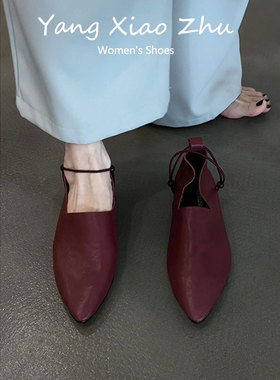 牛皮版~法式绝美尖头深口单鞋女2025新款配裙子百搭平底红色瓢鞋