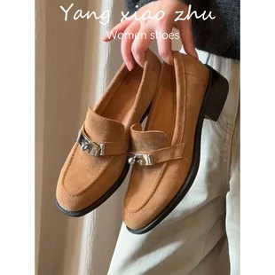 粗跟单鞋 牛皮版 女一脚蹬通勤小皮鞋 复古英伦风金属扣乐福鞋 法式