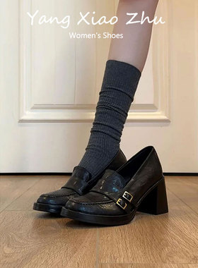 羊皮版~英伦风小皮鞋高跟单鞋女2026新款春季通勤粗跟乐福鞋黑色