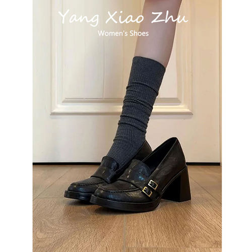羊皮版~英伦风小皮鞋高跟乐福鞋
