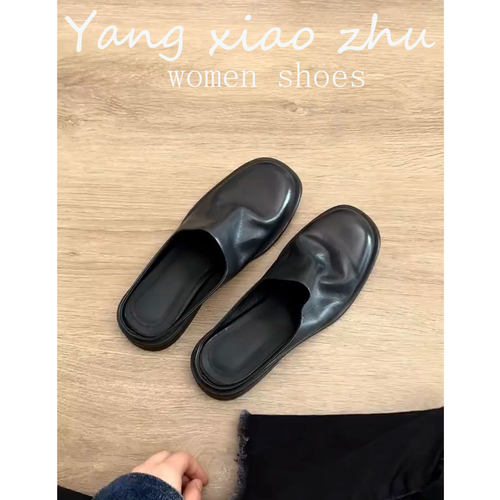 牛皮版~黑色包头半拖鞋女夏